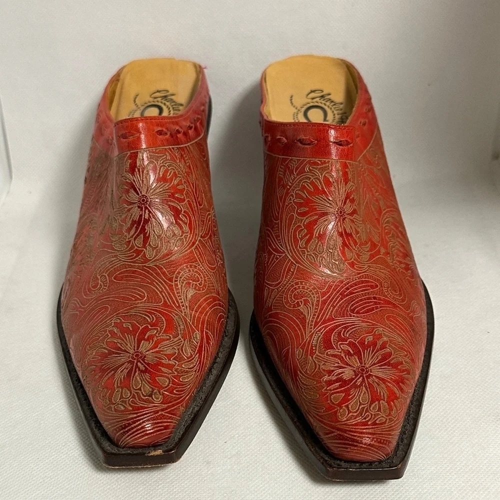Charlie 1 Horse Red Embossed Leather Western Mules Size 6 B / 36.5 EU - EUC - Picture 4 of 14